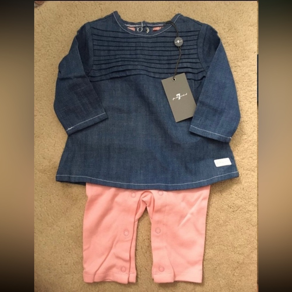 New 7 for all mankind 7FAM outfit set denim legging one piece onesie 0-3 month